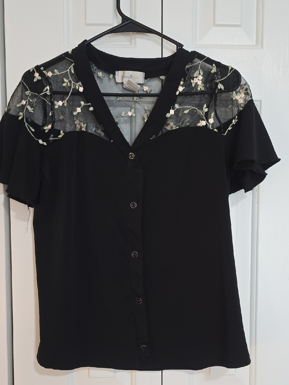 Black Button-Front Women’s Top with Embroidered Mesh Yoke